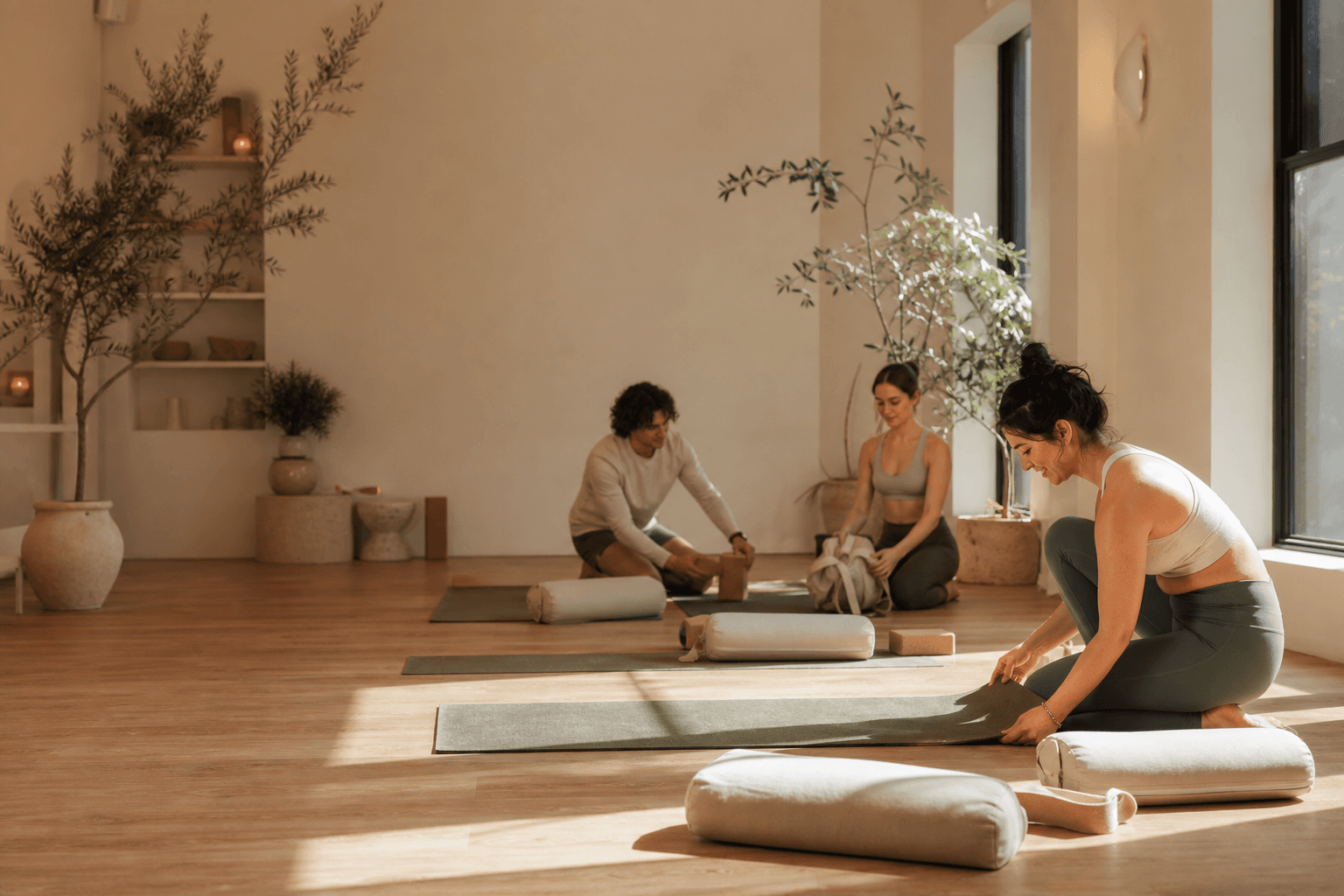 People preparing for a morning yoga and pilates class in a warm wellness studio