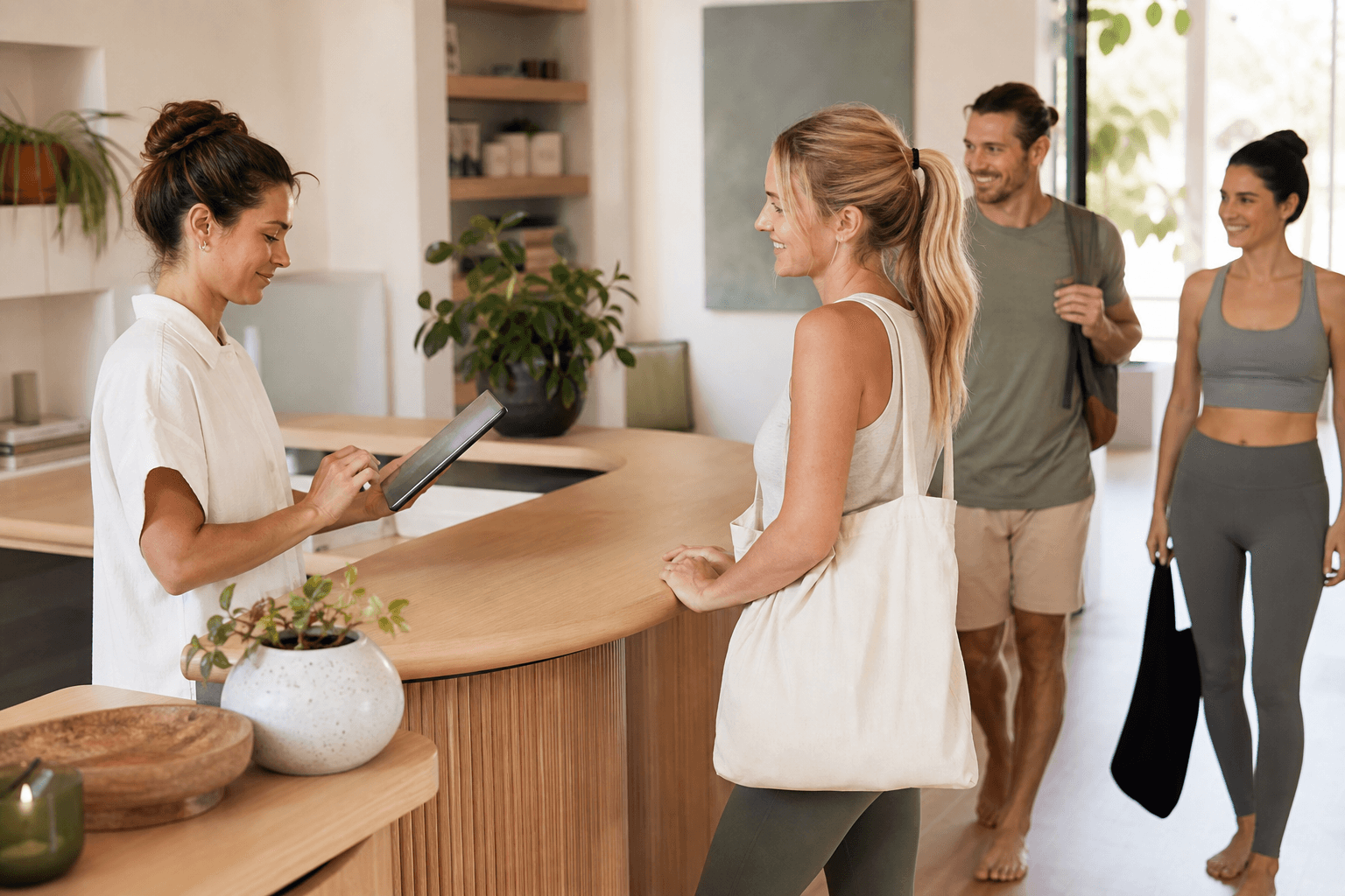 A studio host welcoming and checking in customers at the front desk